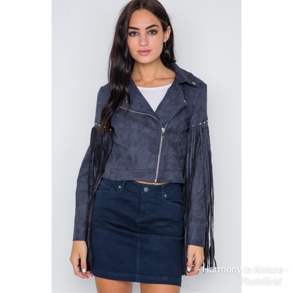 1 Left! Blue Fringe Faux Suede Jacket - Picture 2 of 7